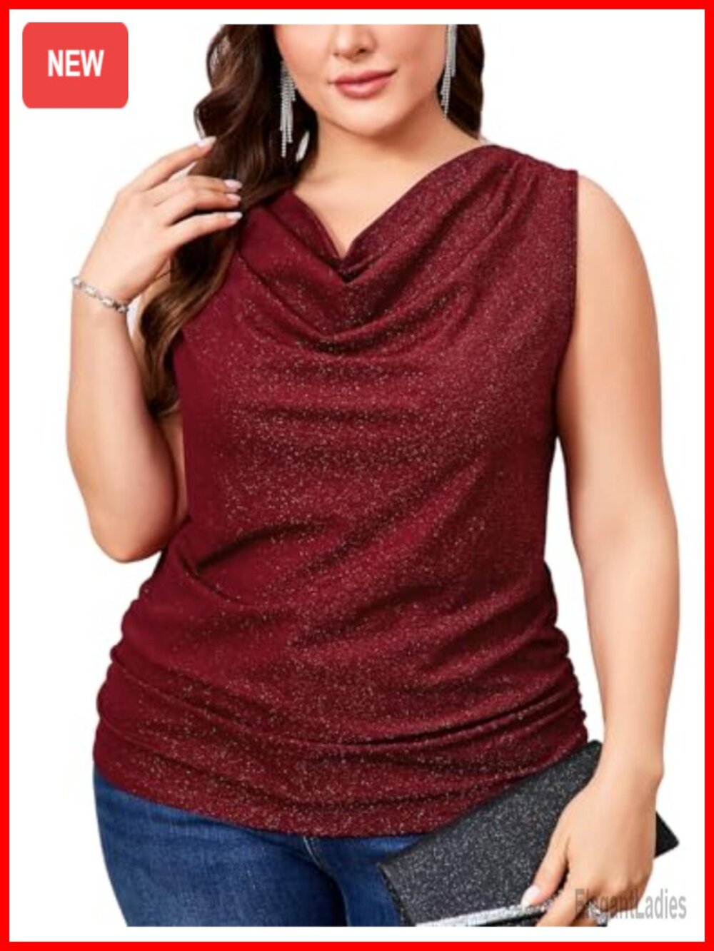 Plus Size Sparkly Glitter Ruched Cowl Neck Tank Top